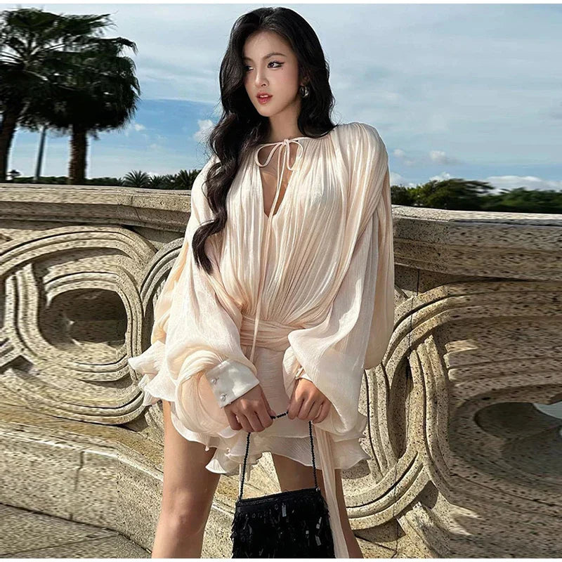 Elegant V - Neck Lace - Up Summer Style Mini Dress