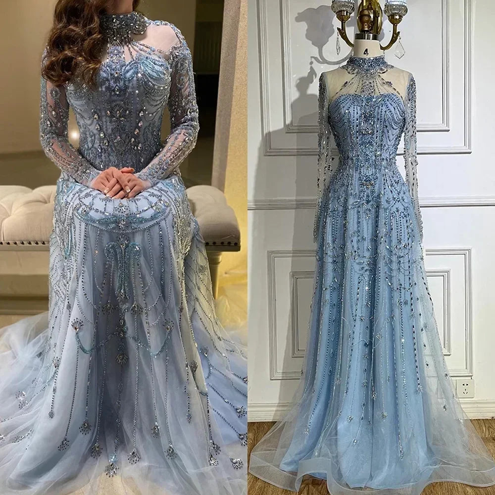 Zapdress Caramel A-Line Long Sleeves Muslim Evening Gowns Luxury Beaded Party Dress for Women 2025 Customized (ZD17270)