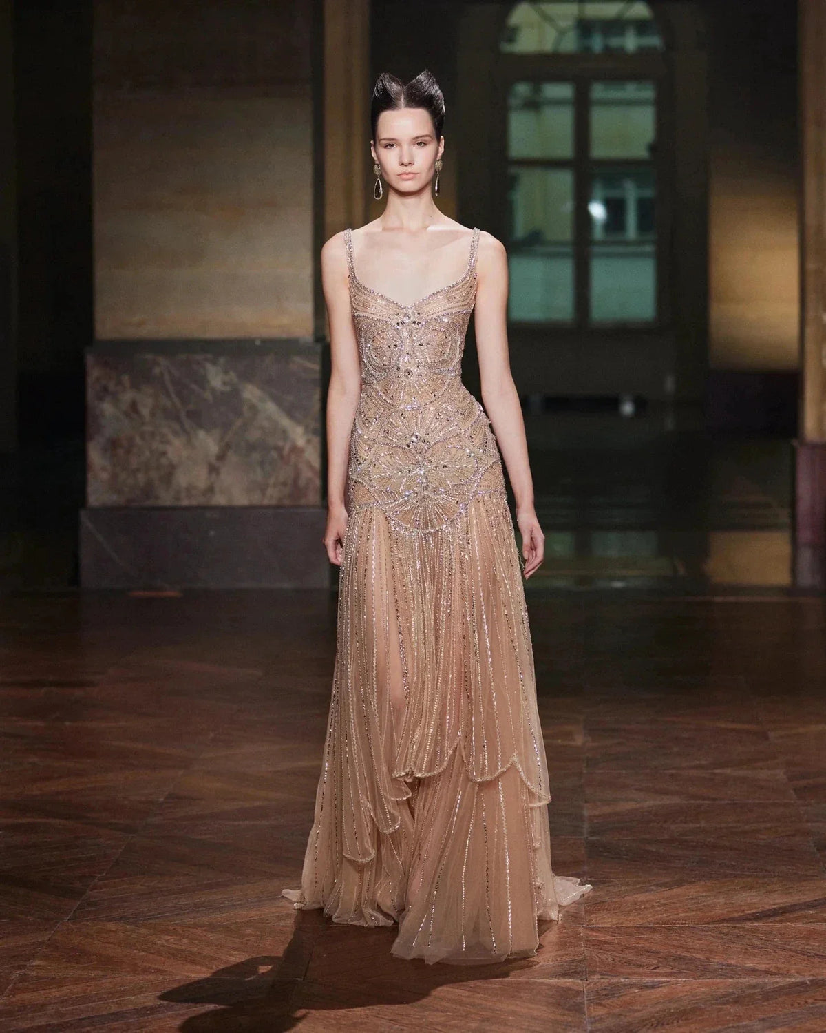 Champagne Beaded Mermaid Evening Dress Luxury Saudi Wedding Gown Customized (ZD17070)