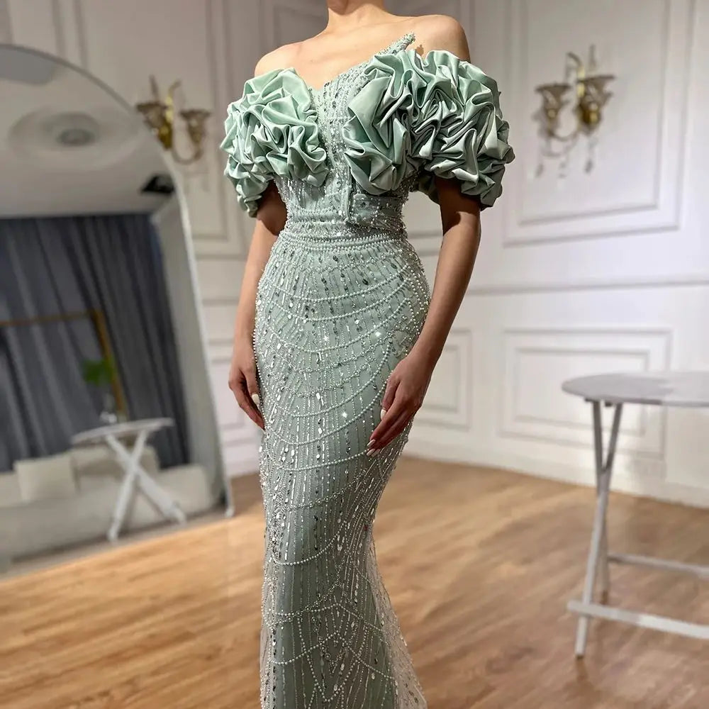 Zapdress Customized Sage Green Off Shoulder Mermaid Evening Dresses 2024 Arabic Formal Gowns For Women Wedding Party (ZD17307)
