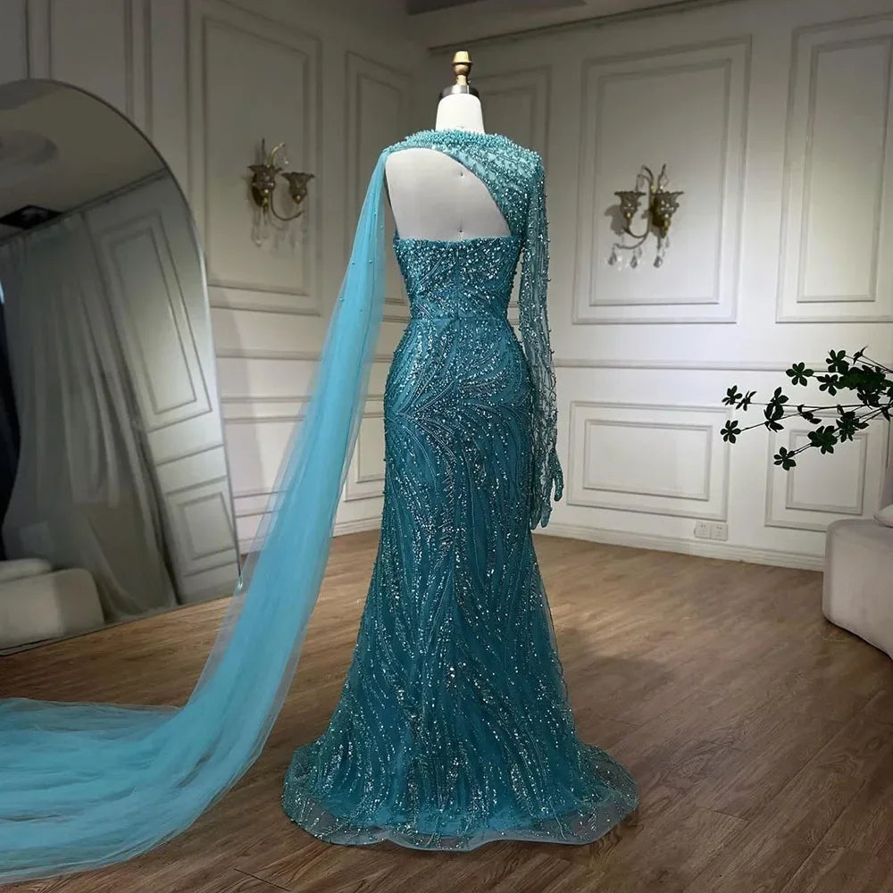 Zapdress Customized Blue Mermaid High Split Pearls Beaded Evening Dress with Glove Formal Party Gowns For Women 2026 (ZD17303)