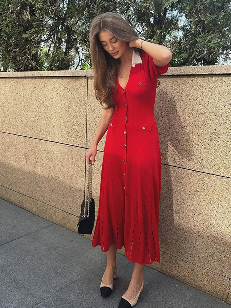 Ribbed Contrast Collar Short Sleeve Buttoned Midi Dress
