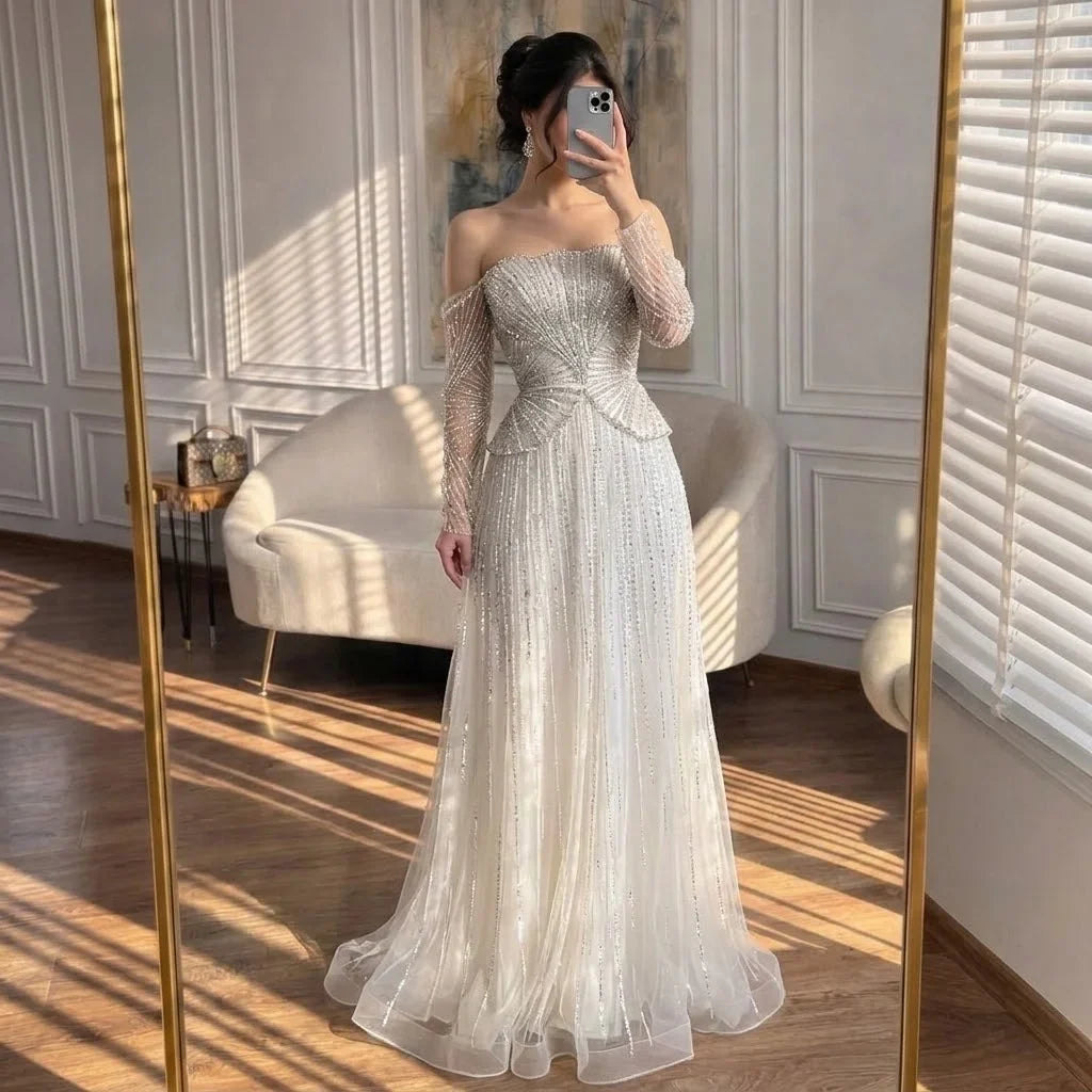 Zapdress Customized Off Shoulder Long Sleeves A-line Prom Dress for Women Formal Wedding Party Evening Gowns (ZD17263)