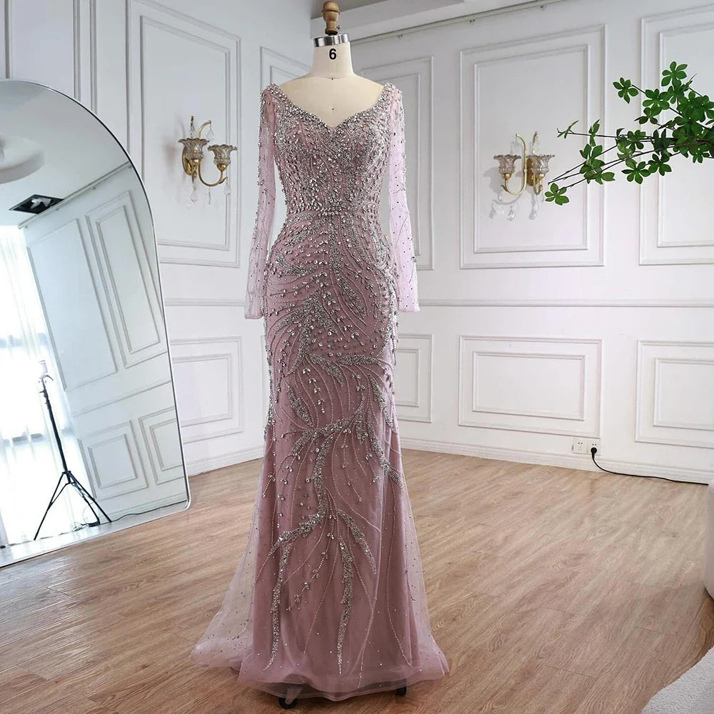 Zapdress Pink V-neck Long Sleeves Mermaid Luxury Beaded Evening Dress 2026 Wedding Party Gowns DLA73191 Customized (ZD17300)
