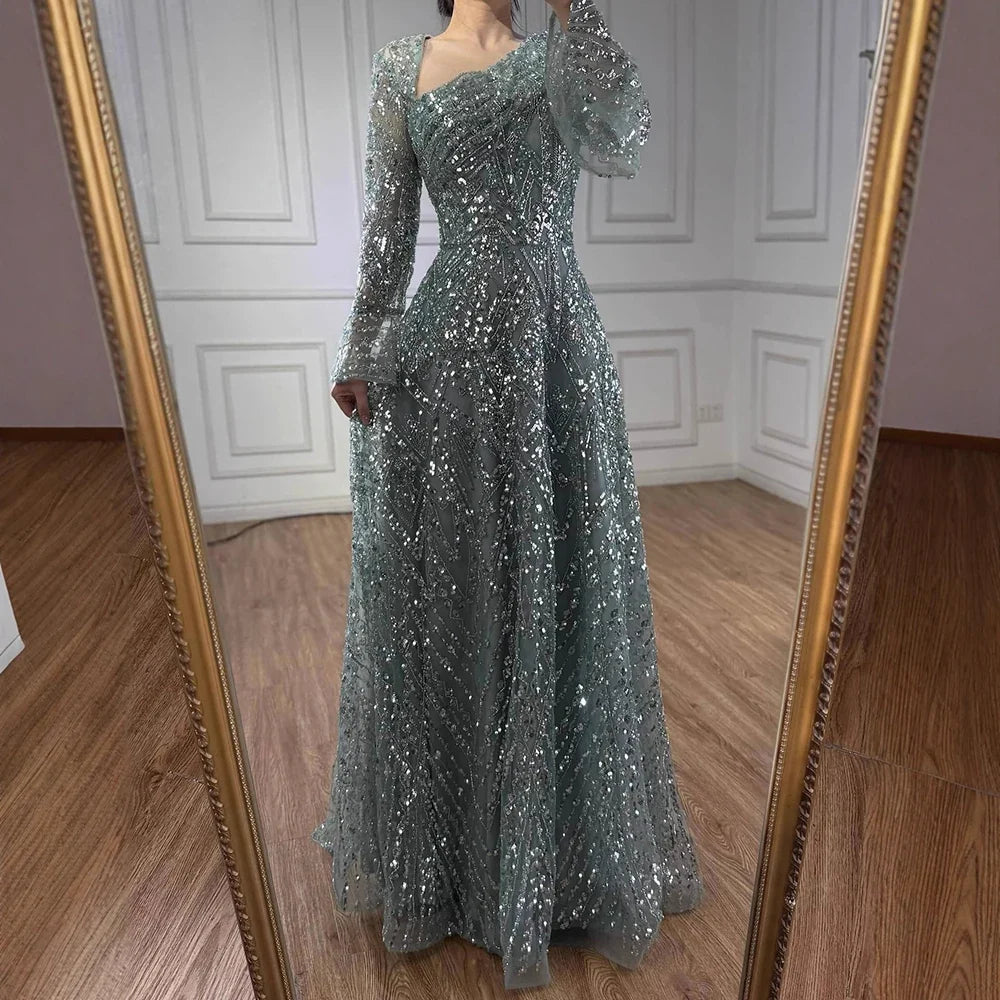Zapdress Turquoise Long Sleeves A Line Pearls Beaded Evening Dresses Elegant Party Gowns for Women DLA73177 Customized (ZD17208)