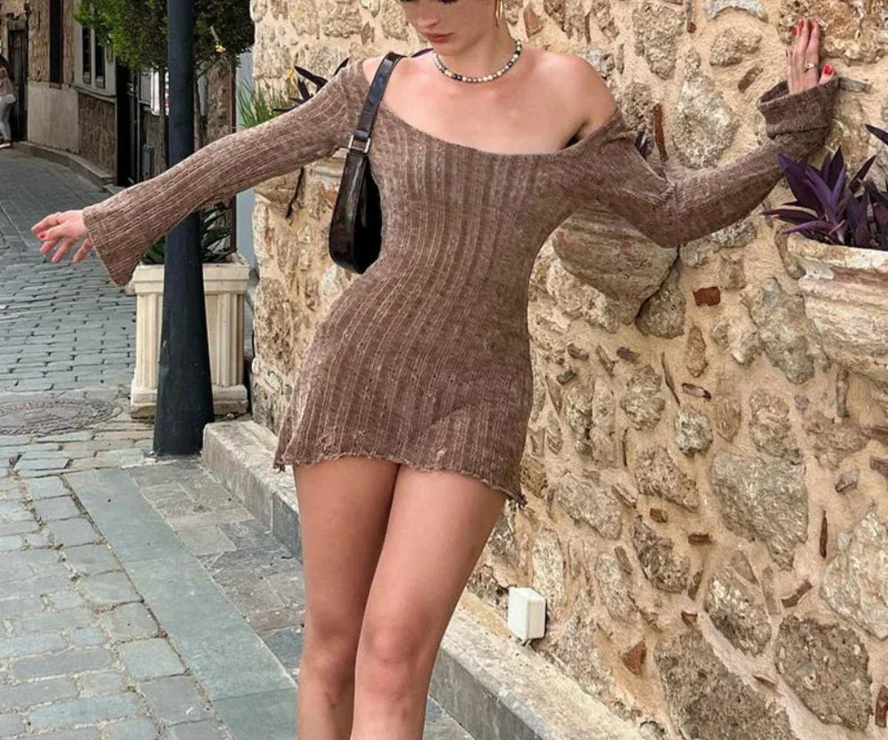 Sexy Autumn Long Sleeve Dresses Vintage Brown Y2k Mini Dress Women's Clothing Outfit Solid Bodycon Short Streetwear Clothes