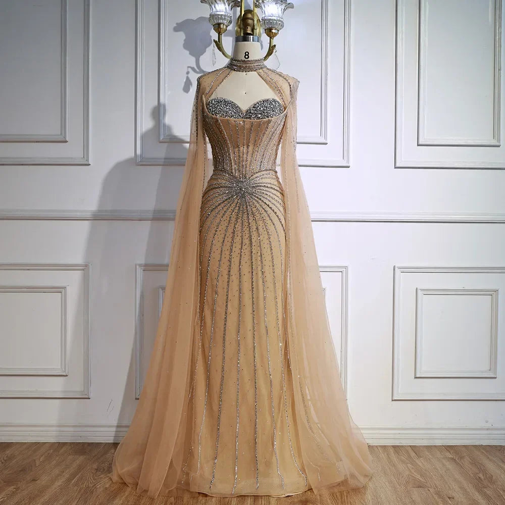 Luxury Nude Elegant Evening Gown Beaded Dress with Cape Sleeves for Formal Party Wear Zapdress DLA72811A Customized (ZD17216)