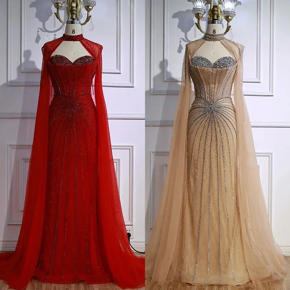 Luxury Nude Elegant Evening Gown Beaded Dress with Cape Sleeves for Formal Party Wear Zapdress DLA72811A Customized (ZD17216)
