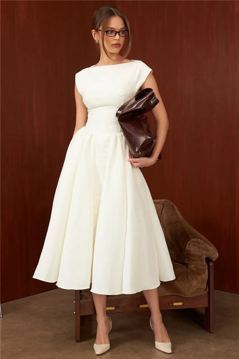 White Backless Solid Hollow Out Pleated Dress