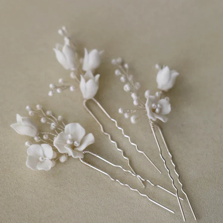 Bridal Jewelry Porcelain Flower Hairpins Silver Color Hair Pin Clip For Brides Bridesmaids Women Head Pieces Wedding Accessories silver color