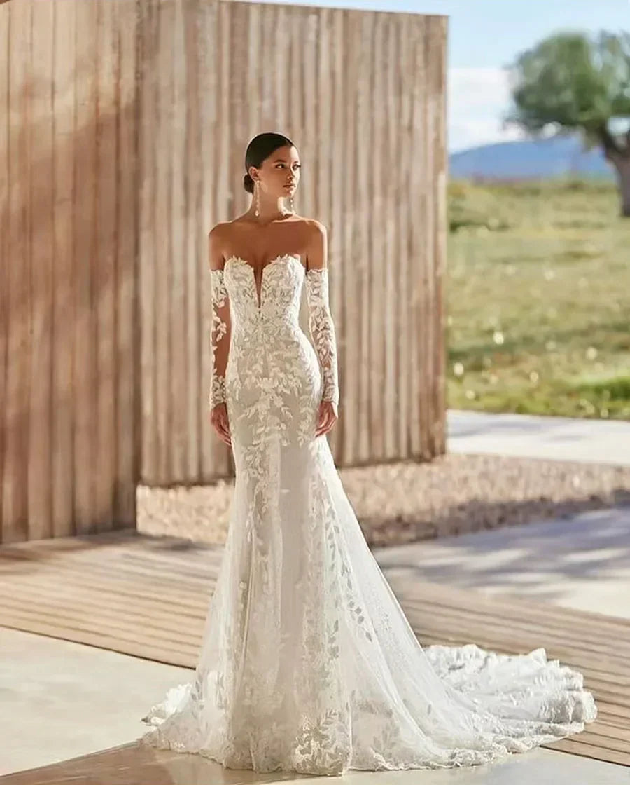 Customized Elegant Lace Appliques Mermaid Wedding Dresses for Bridal 2026 Detachable Long Sleeves Sweetheart Vestido de novia Red