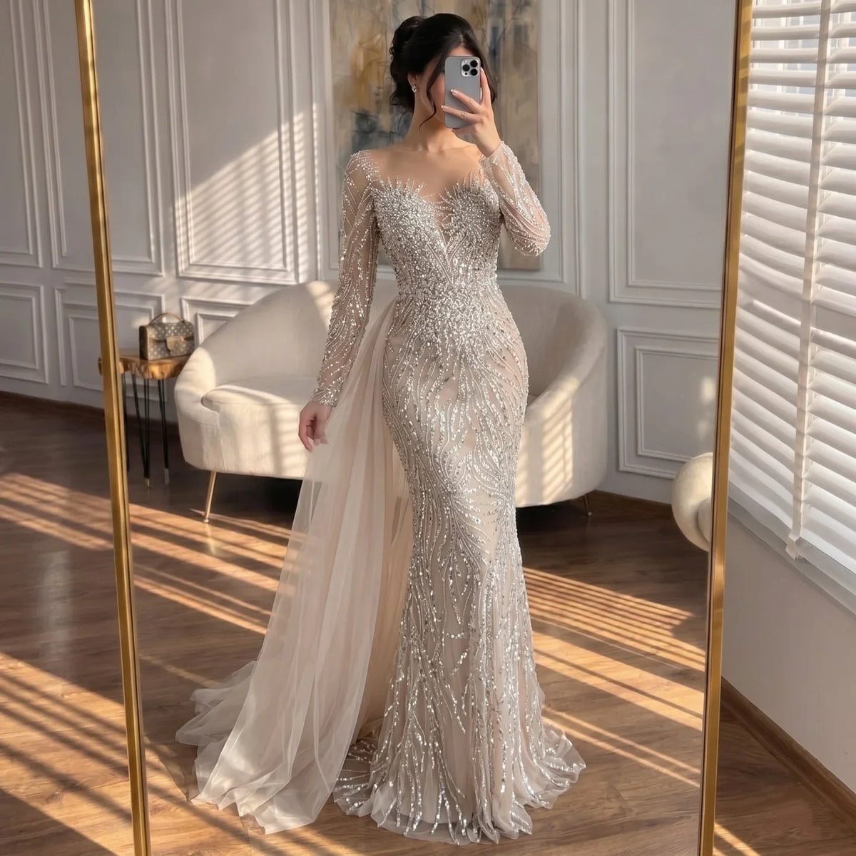 Zapdress White Nude Long Sleeves Mermaid Pearls Beaded Evening Dress with Train Wedding Party Gowns DLA72634A Customized (ZD17262)