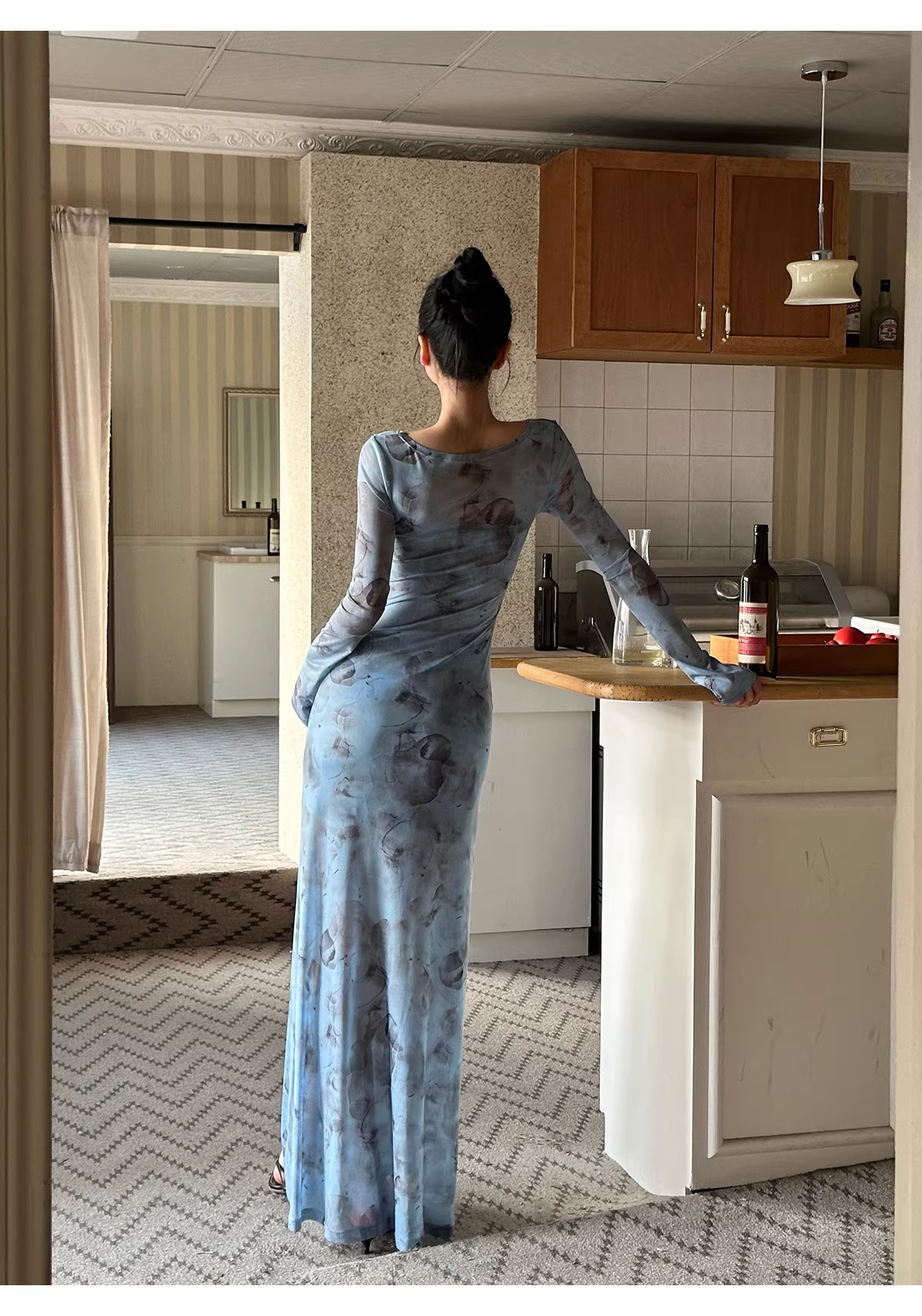 Charming V Neck Blue Lace Sheath Long Evening Dress Formal Wedding Guest Dress - View 10 | VelvetHem