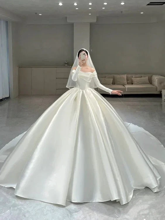 Modest White Satin Puffy Wedding Dress,White Bridal Gown (ZD13697)