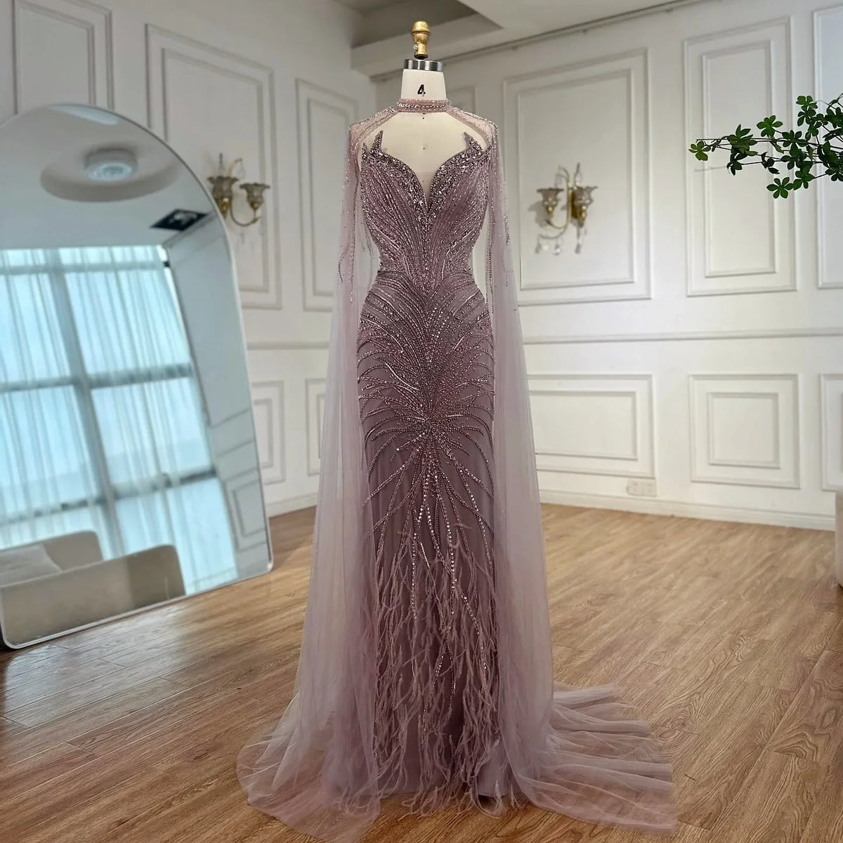 Zapdress White Nude Mermaid Evening Dresses with Cape Beaded Feathers Party Gowns for Formal Occasion Customized (ZD17198)