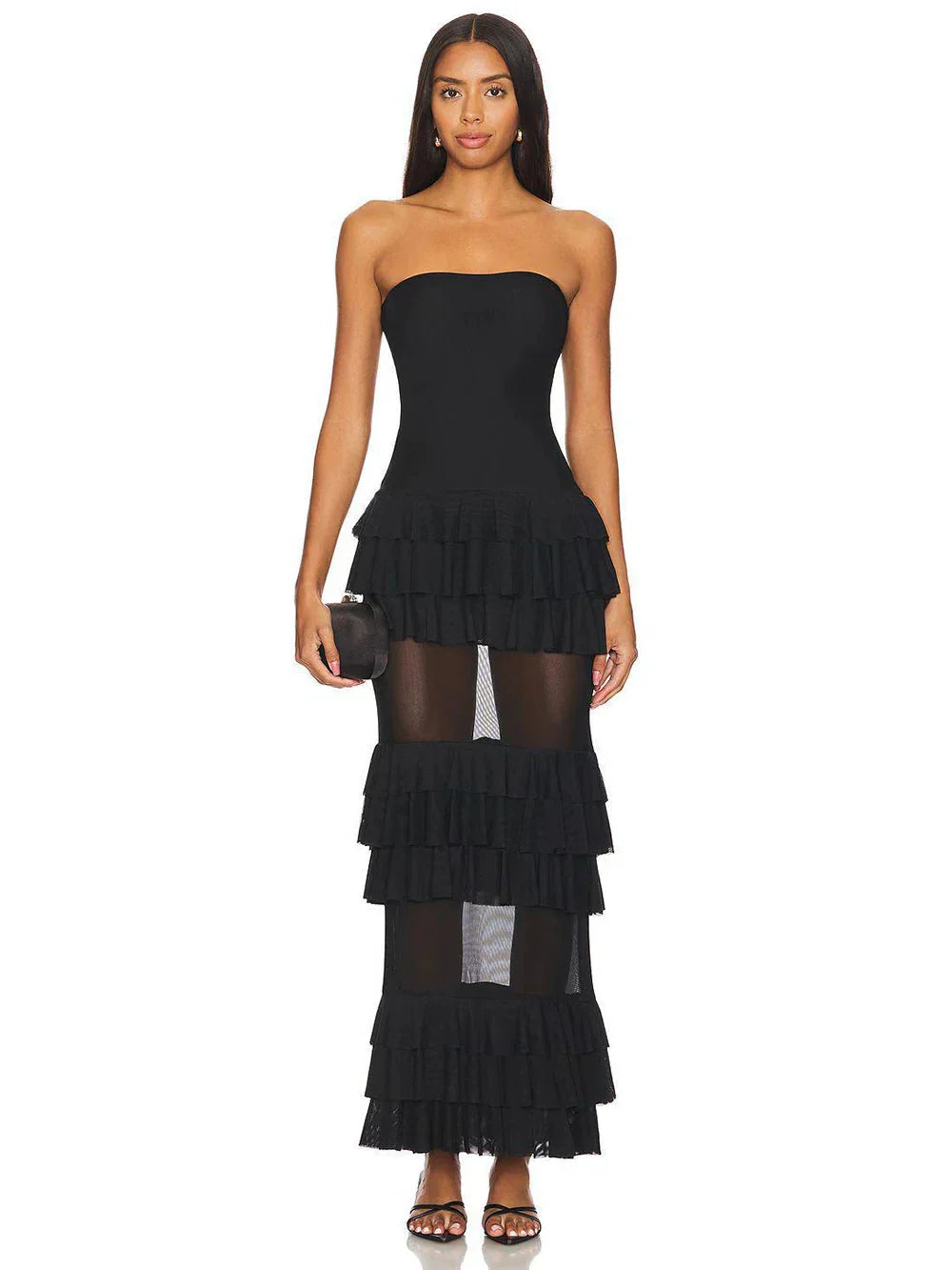 Strapless Mesh Patchwork Ruffle Dress