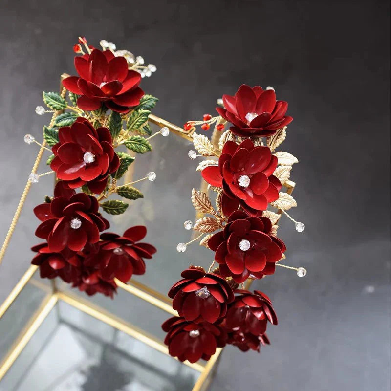 Red Flower Headband Hairband Crystal Headpiece Headwear For Bride Tiara Crown Headdress Bridal Jewelry Wedding Hair Accessories
