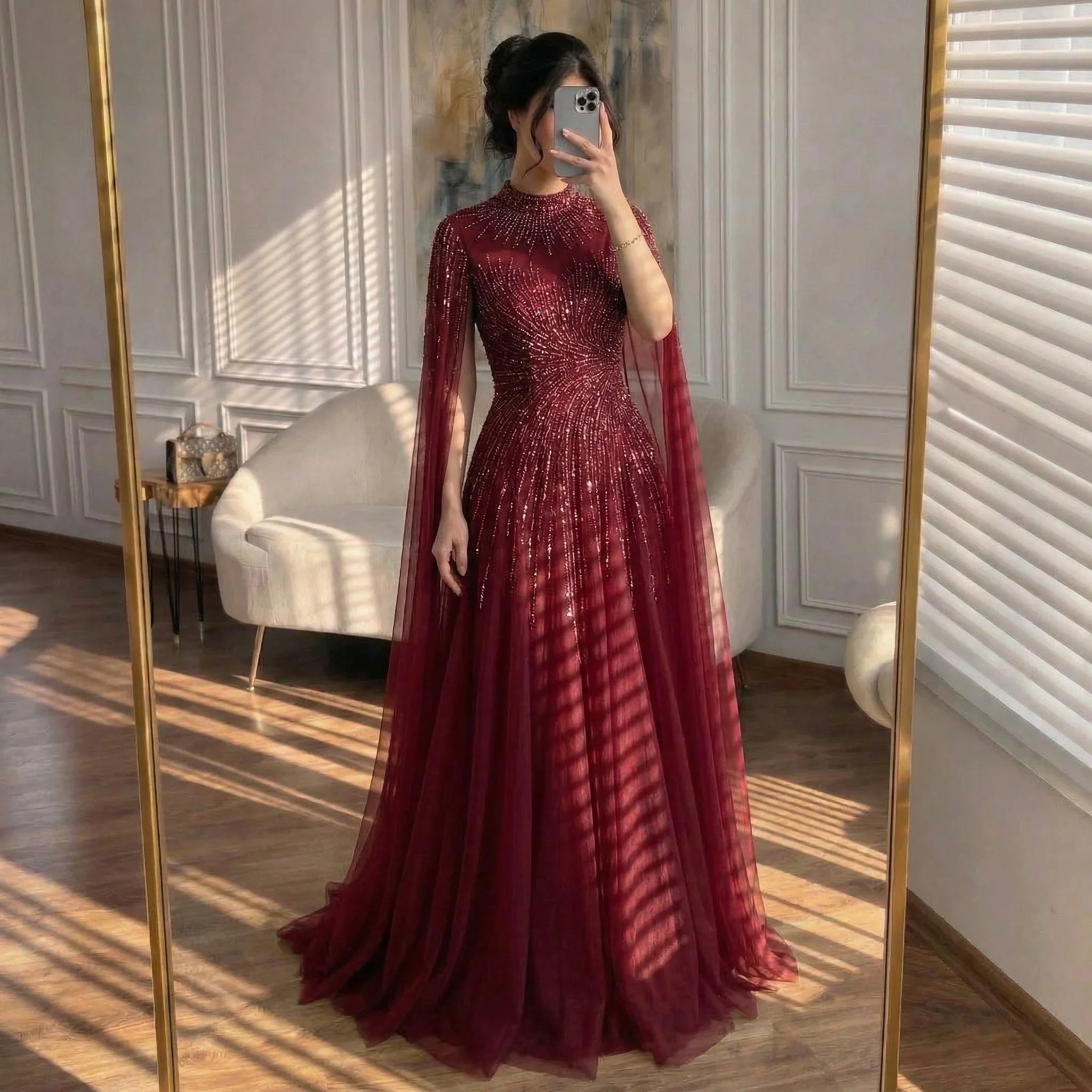 Zapdress Burgundy High Neck Cape Sleeve A-line Evening Dress Elegant Party Gown for Women 2026 Customized DLA72386A (ZD17212)