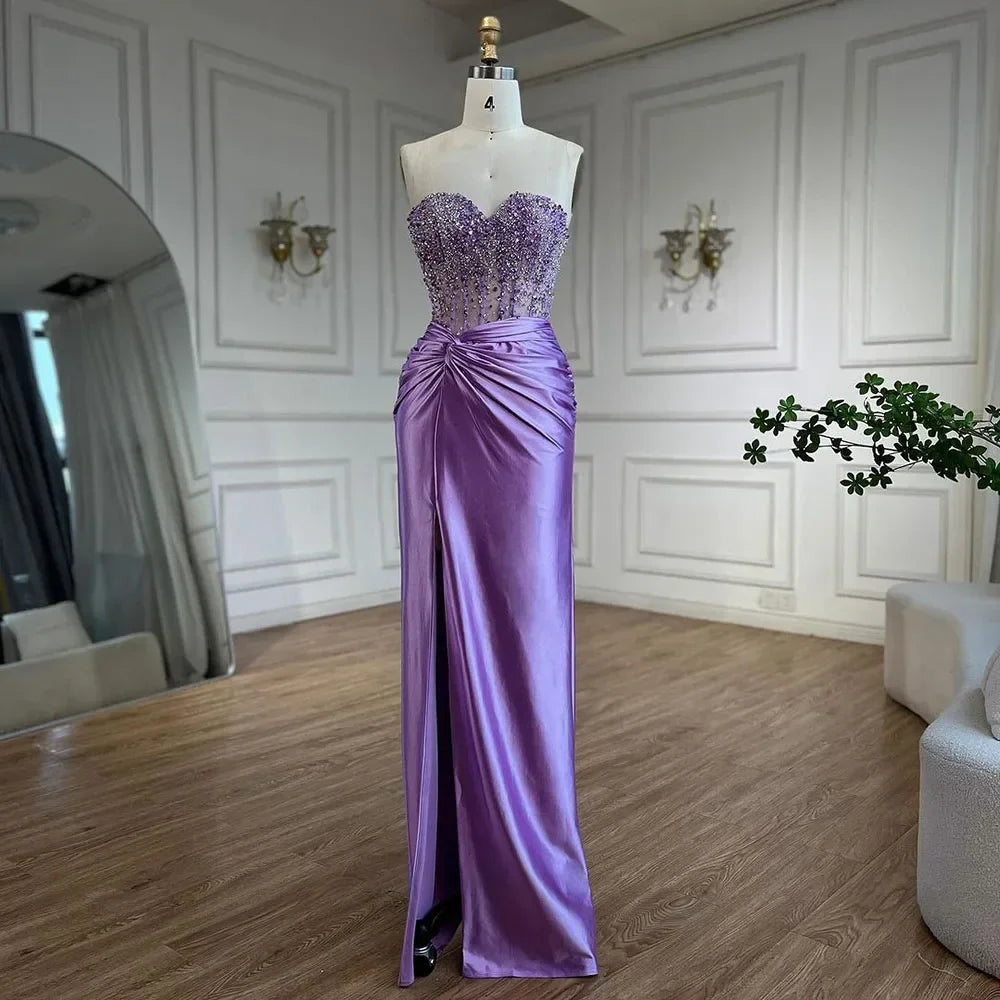 Zapdress Customized Lilac Satin Split Strapless Mermaid Evening Dresses Beaded Party Gowns for Women Bridesmaid (ZD17313)