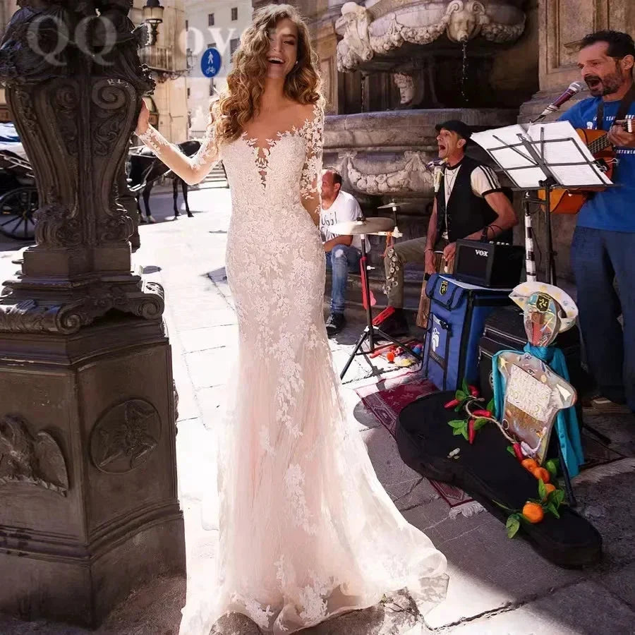 BoHo Mermaid Wedding Dress Sexy V-neck Vestidos De Novia Appliques Long Sleeves Vestido De Noiva Elegant Lace Robe De Mariée by payinti