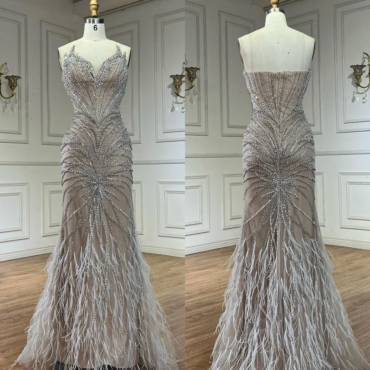Zapdress White Nude Mermaid Evening Dresses with Cape Beaded Feathers Party Gowns for Formal Occasion Customized (ZD17198)
