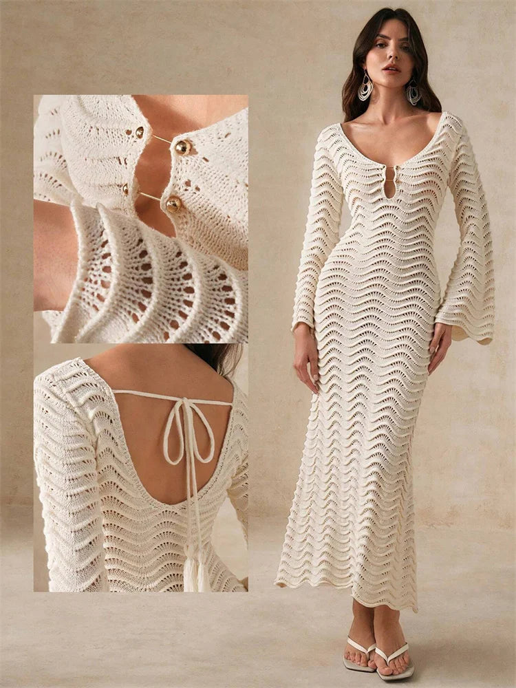 Knit Hollow - Out Loose Patchwork Lace - Up Summer Dress