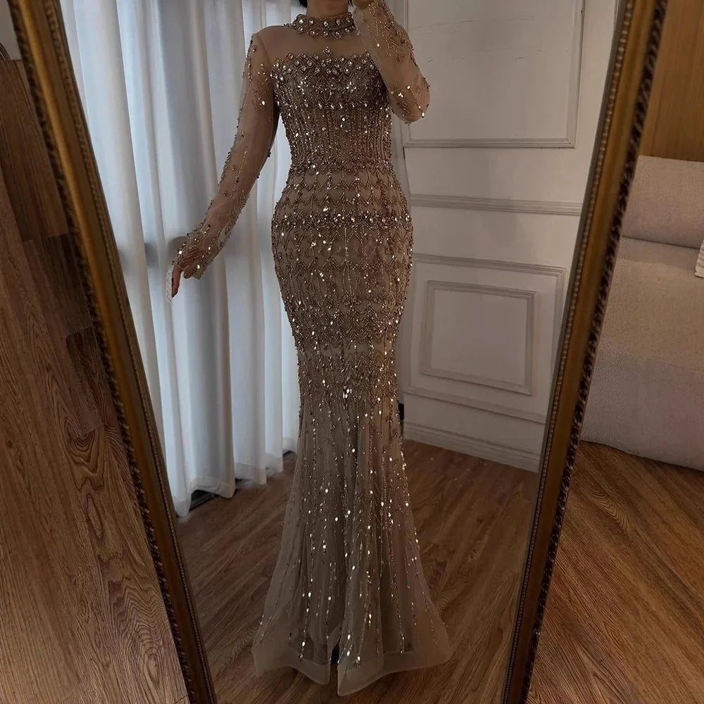 Zapdress High Neck Long Sleeves Beaded Mermaid Evening Dress Muslim Wedding Party Gowns for Women DLA72714C Customized (ZD17264)