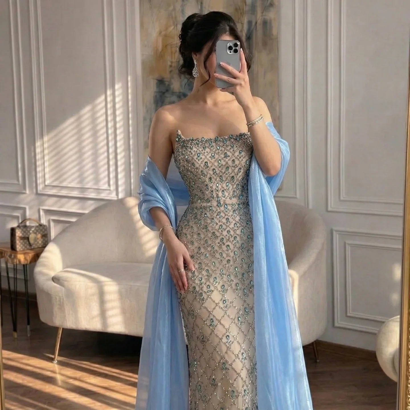 Zapdress Luxury Beaded Blue Mermaid Glamorous Evening Party Dresses 2026 Formal Occasion Gowns for Women Customized (ZD17267)