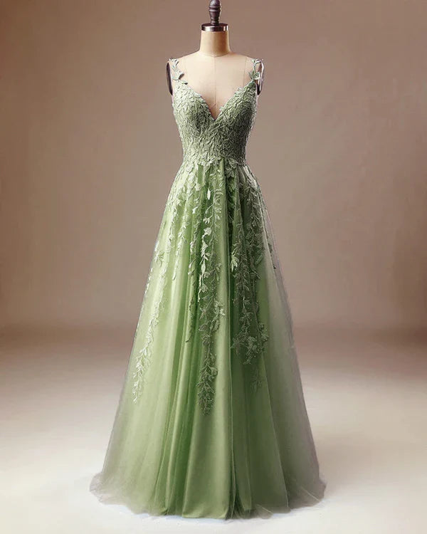 Elegant A-line Prom Dresses V Neck Lace Embroidery Sage Dress