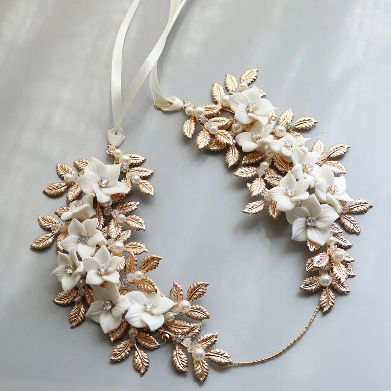 Wedding Hair Accessories Vintage Gold Color Headband Pearl Crystal Hairband Bride Porcelain Flower Leaf Headpiece Bridal Jewelry a