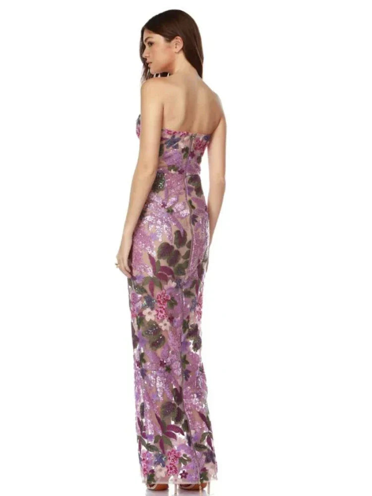 Floral - Embellished Sequin Lavender Ankle Length Dress