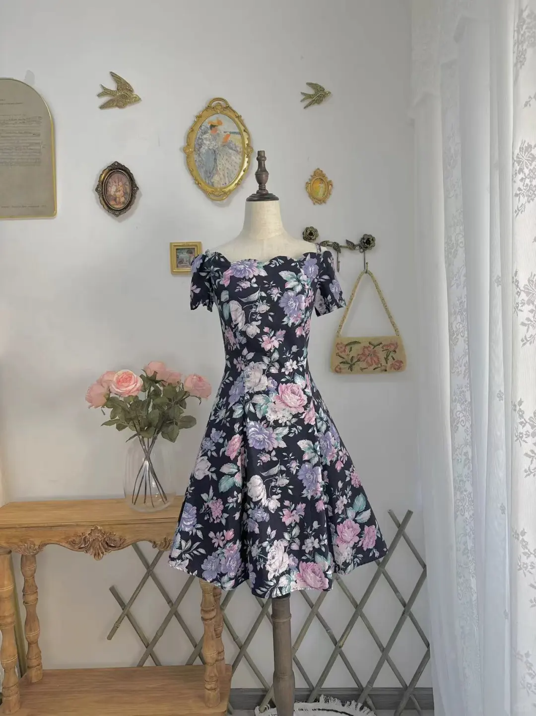 Vintage Satin Print Floral A Line Off The Shoulder Homecoming Dress Short Prom Dress - View 2 | VelvetHem