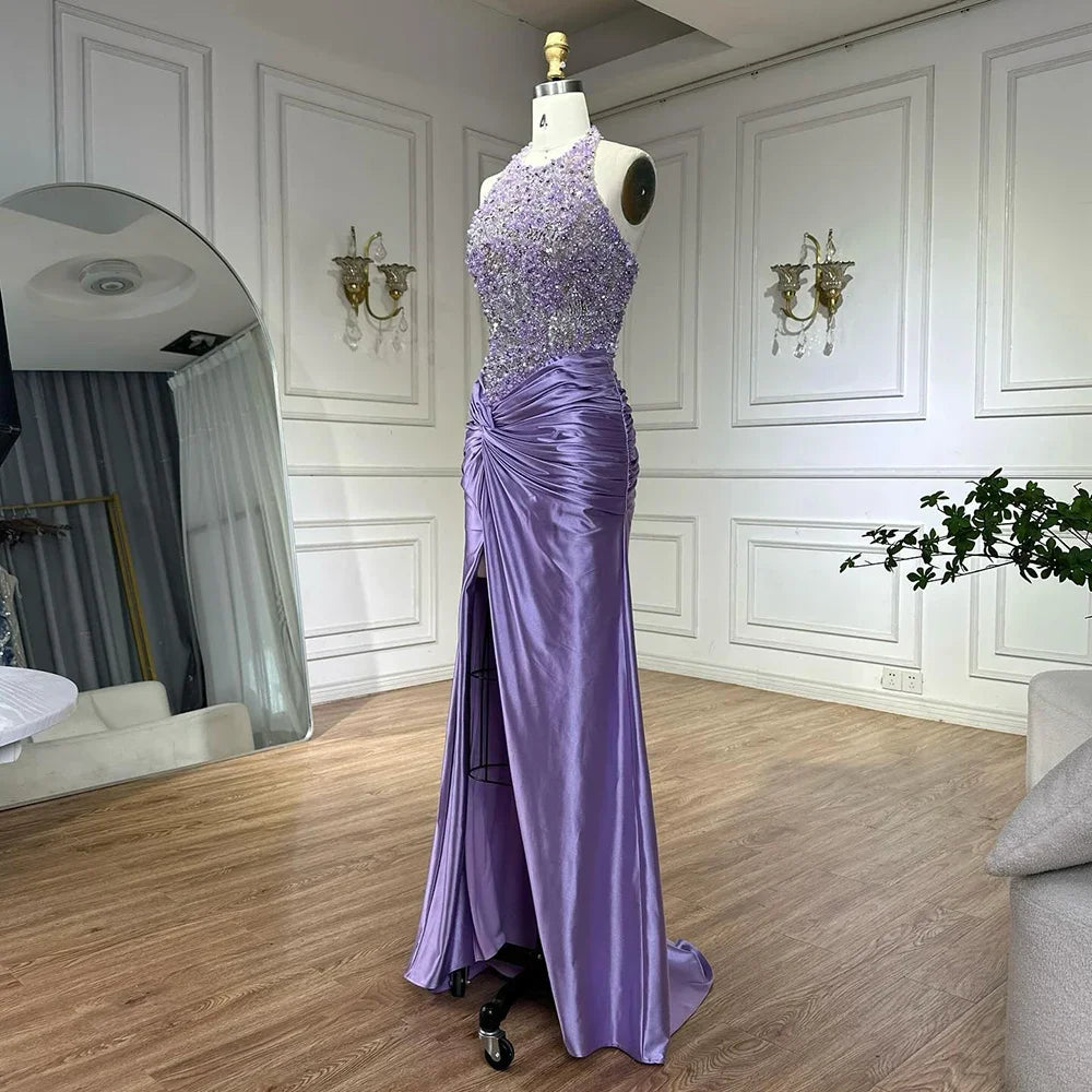 Zapdress Customized 2025 Lilac Halter Side Slit Mermaid Evening Gown Wedding Party Bridesmaid Dress for Women (ZD17315)