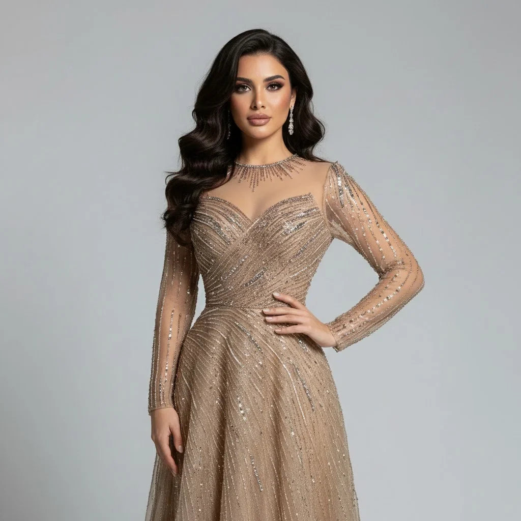 Zapdress Custoomized Caramel Evening Prom Dress 2026 Elegant Long Sleeves A-Line Arabic Muslim Formal Party Gown DLA72563A (ZD17181)