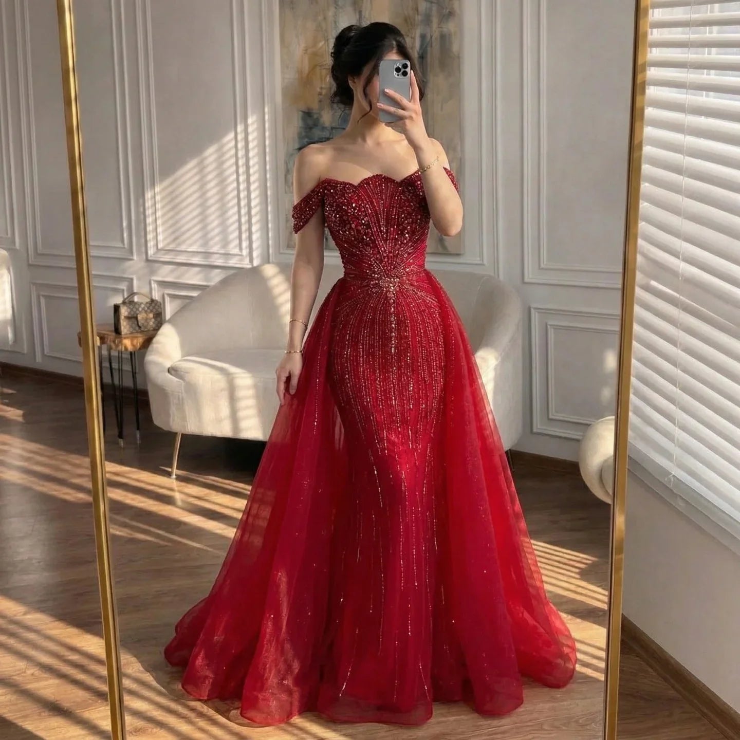 Zapdress Green Mermaid Beaded Evening Party Gown 2026 Elegant Off-Shoulder Runway Dress with Overskirt Customized (ZD17288)