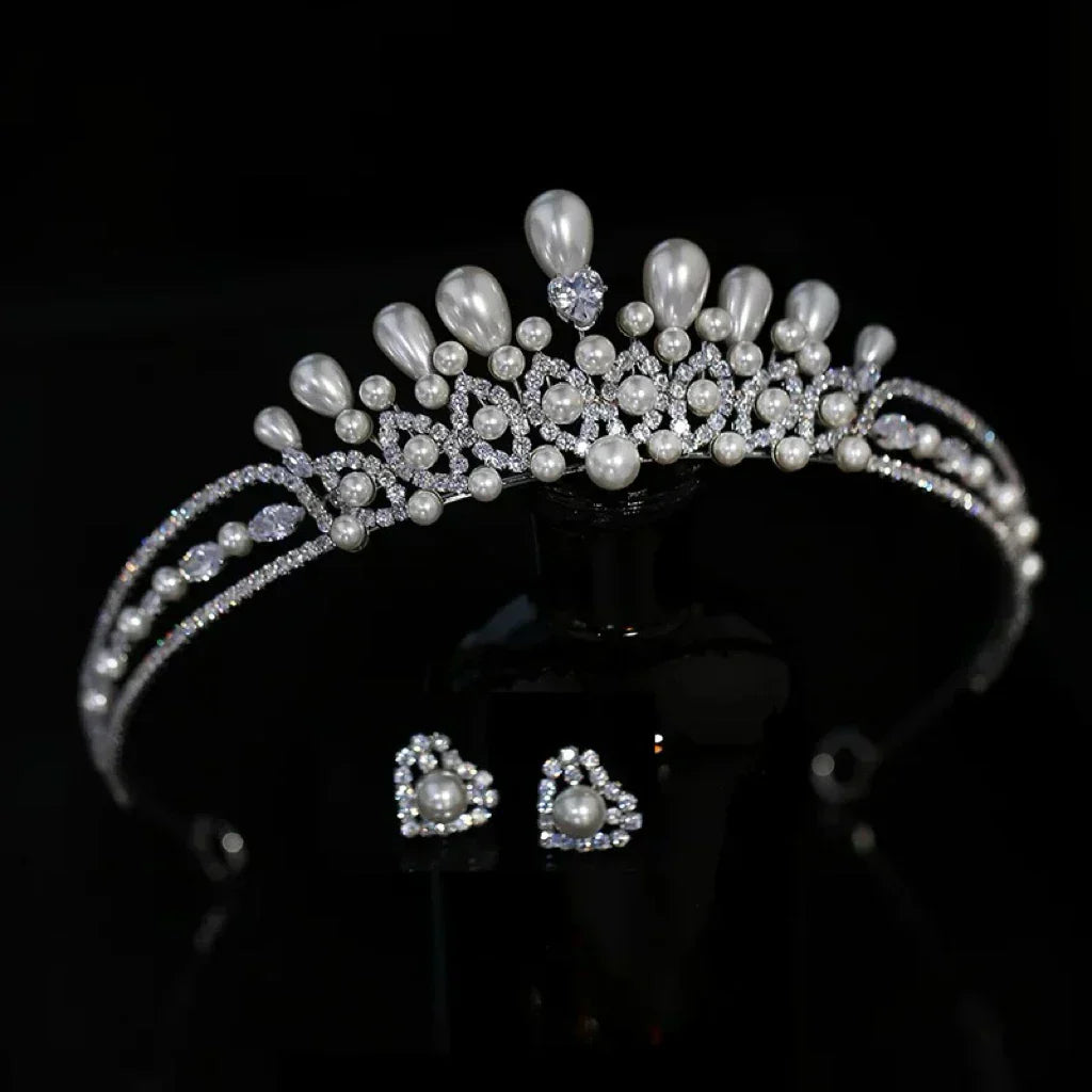 Crystal Pearl Tiaras and Crowns Set Zirconia Diadem For Bride Princess Queen Headband Bridal Hair Jewelry Wedding Accessories