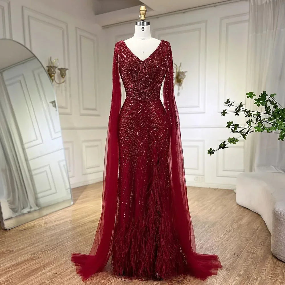 Zapdress Black Mermaid Cape Sleeves Feathers Beaded Evening Dresses Party Gowns with Split for Women DLA72216 Customized (ZD17215)