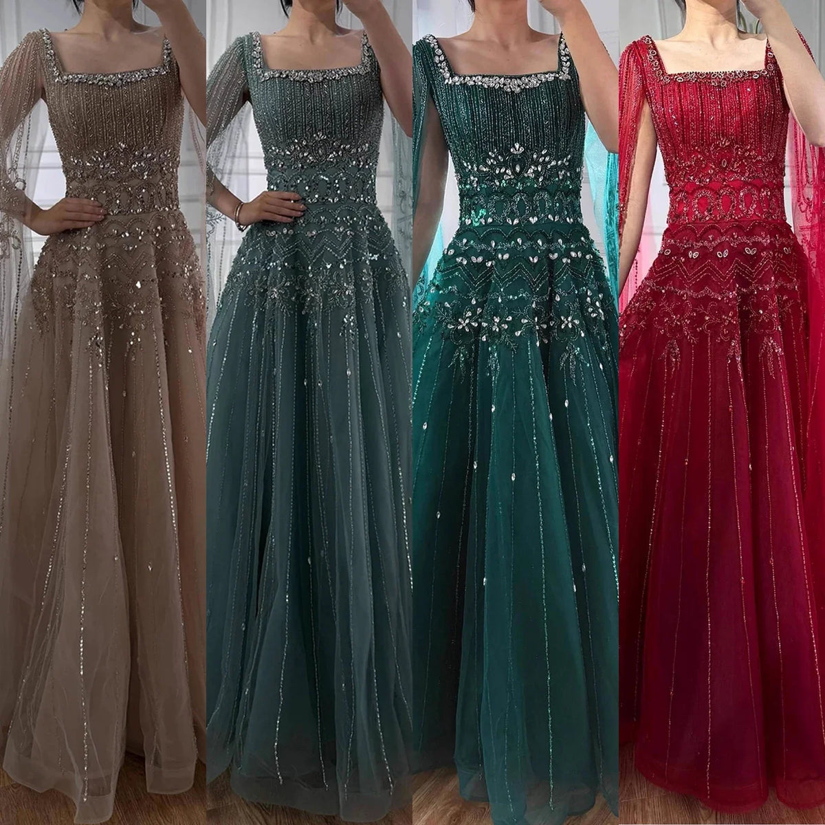 Zapdress Red Square Collar A-Line Beaded Evening Dress with Cape Sleeves 2026 Party Gowns for Women DLA73089A Customized (ZD17190)