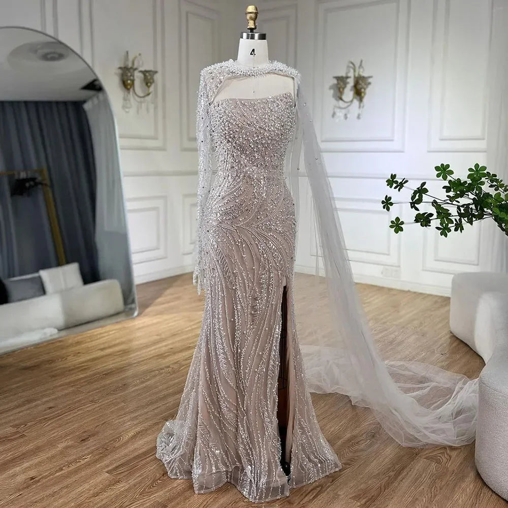 Zapdress Customized Blue Mermaid High Split Pearls Beaded Evening Dress with Glove Formal Party Gowns For Women 2026 (ZD17303)