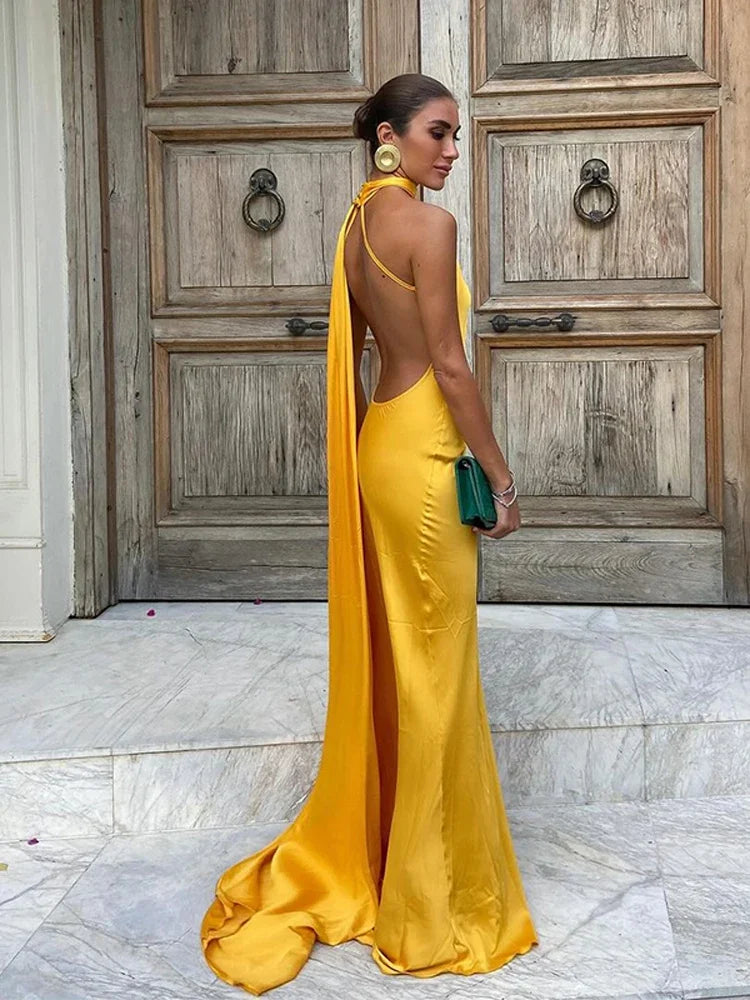 Yellow Satin Backless Lace - Up Off - Shoulder Maxi Dress