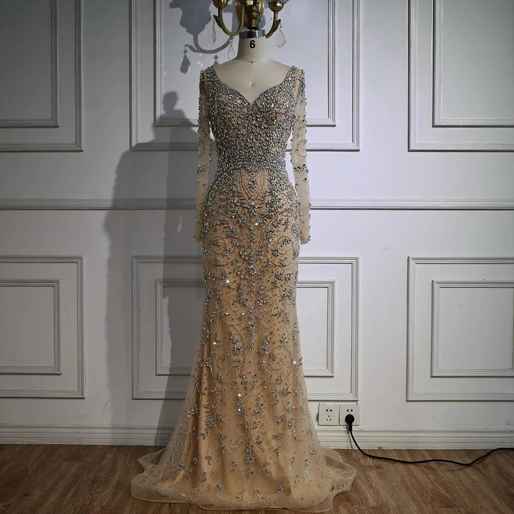 Zapdress Turquoise V-neck Long Sleeve Mermaid Beaded Evening Dresses 2025 Luxury Party Gowns for Women DLA73042 Customized (ZD17314)