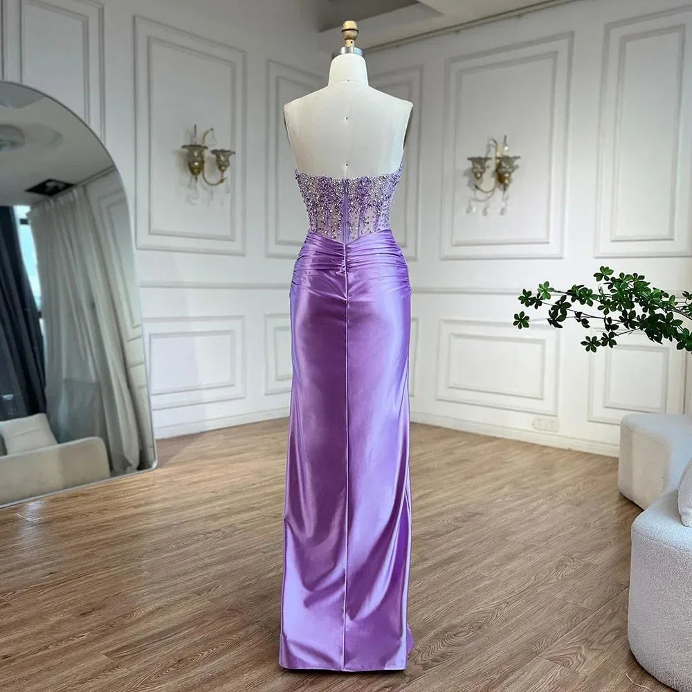 Zapdress Customized Lilac Satin Split Strapless Mermaid Evening Dresses Beaded Party Gowns for Women Bridesmaid (ZD17313)