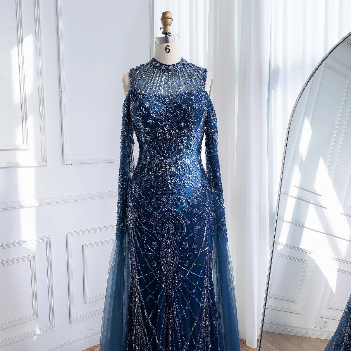 Zapdress Navy Blue O-neck Cold Shoulder Mermaid Beaded Evening Dress Party Gowns with Cape Sleeves Customized (ZD17373)