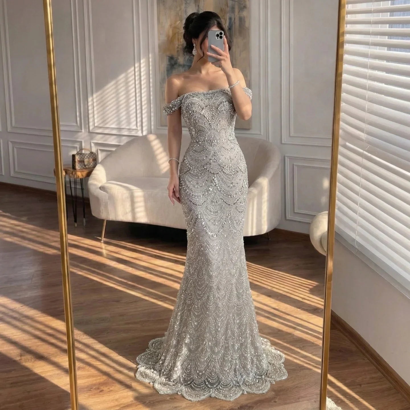 Zapdress Pearl Beaded Off Shoulder Mermaid Evening Gown High-end Formal Occasion Party Dress Kosov Customized DLA73395A (ZD17278)