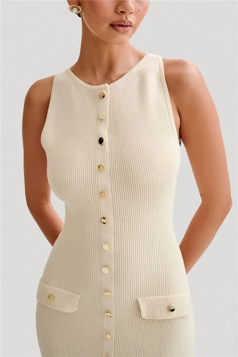 Knit Maxi Dress with Pockets Button - Front