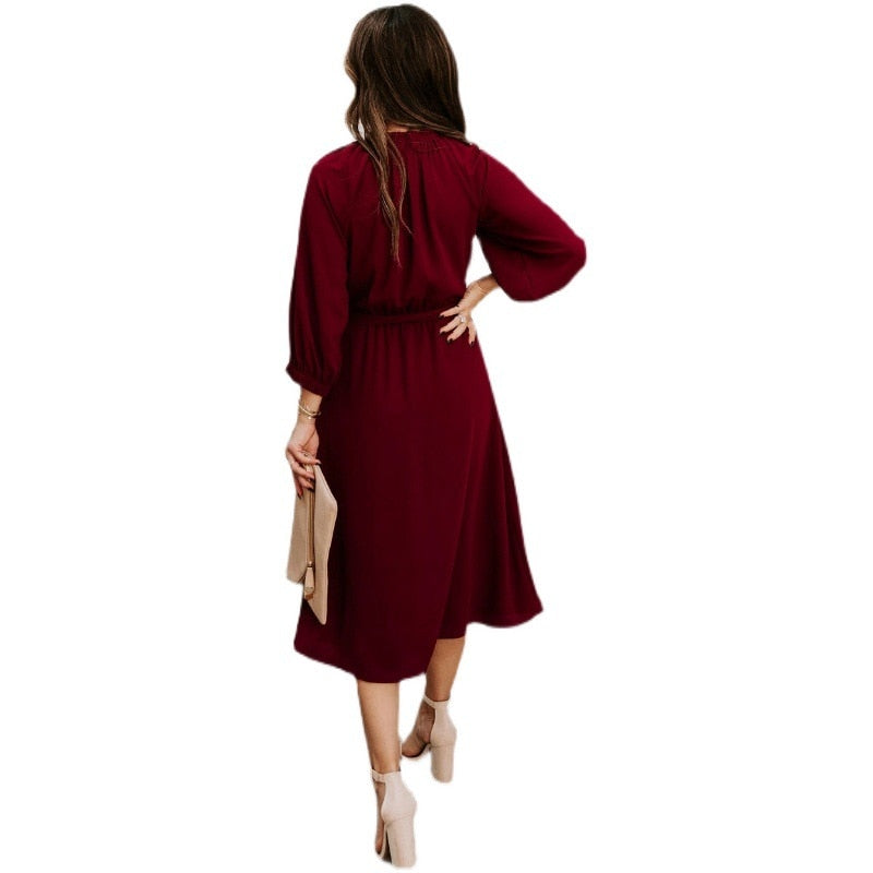 Elegant Office Dress Formal Loose Green Long Sleeve Belt ALine Midi Dresses