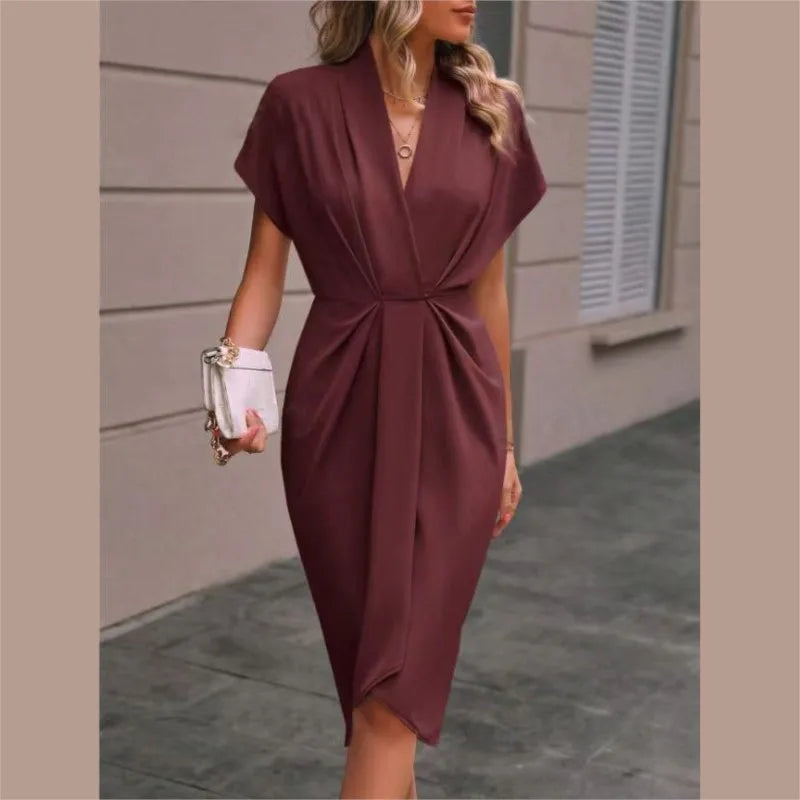 Short Sleeve Deep V Neck Draped High Waist Work Dress - VelvetHem
