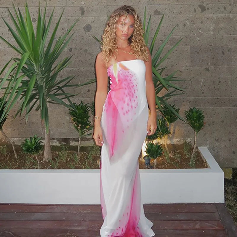 Mesh Floral Print Off - shoulder Long Dress