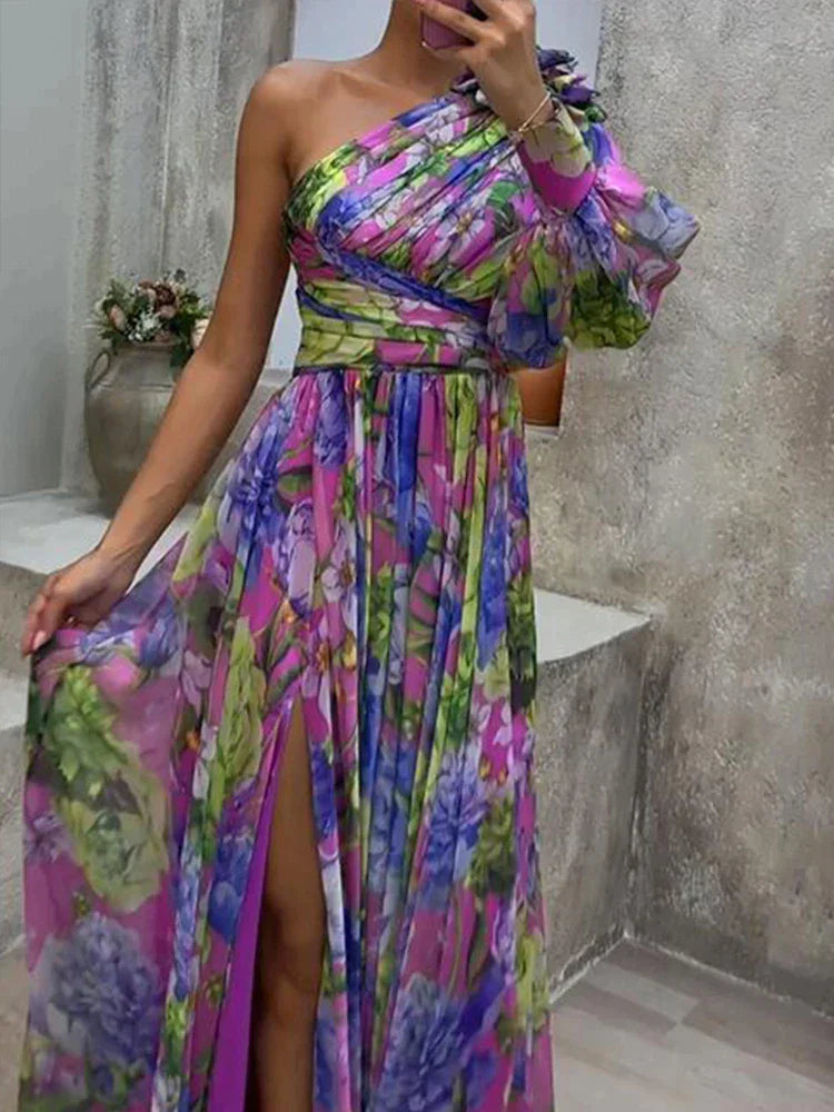 Ida Boutique Long Dress with Side Slit and Purple Print Chic Silhouette Collection