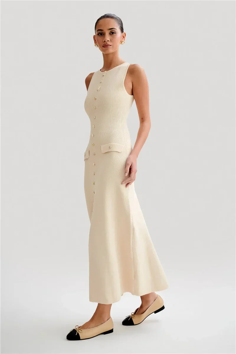 Knit Maxi Dress with Pockets Button - Front